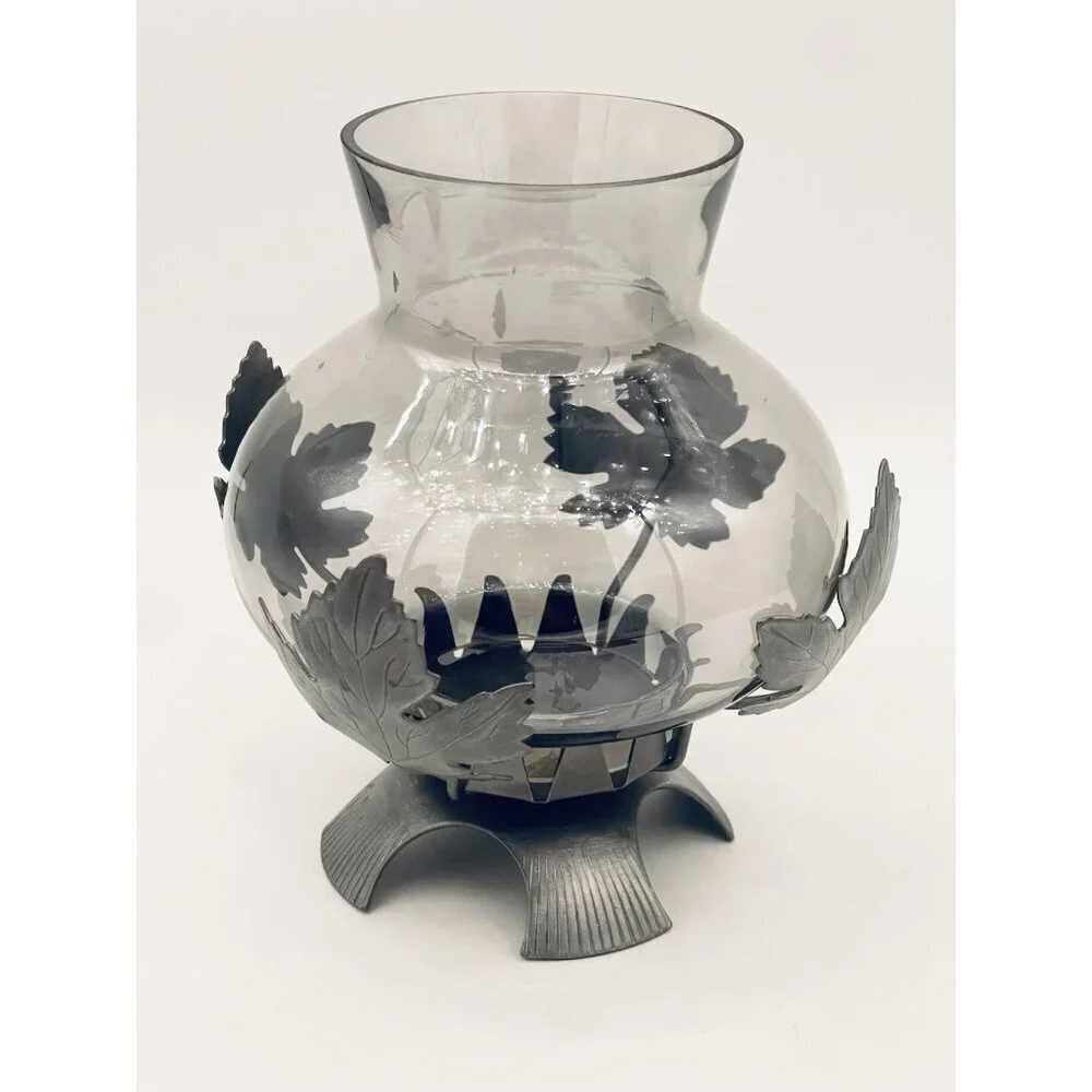 Pewter Maple Leaf Hurricane Pillar Candle Holder 7.25” Smoky Gray Lantern